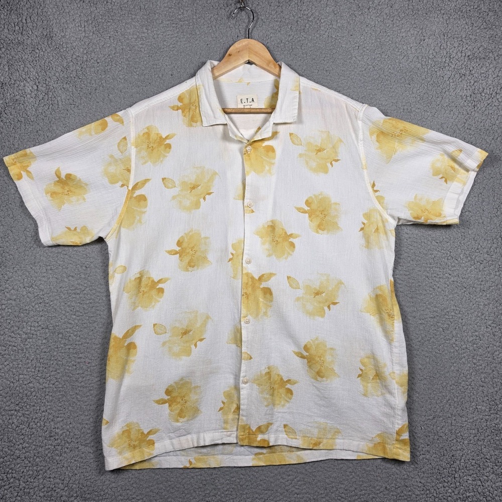 E.T.A. Shirt Mens Sz Large White Yellow Lightweight Airy Floral Textured Relaxed